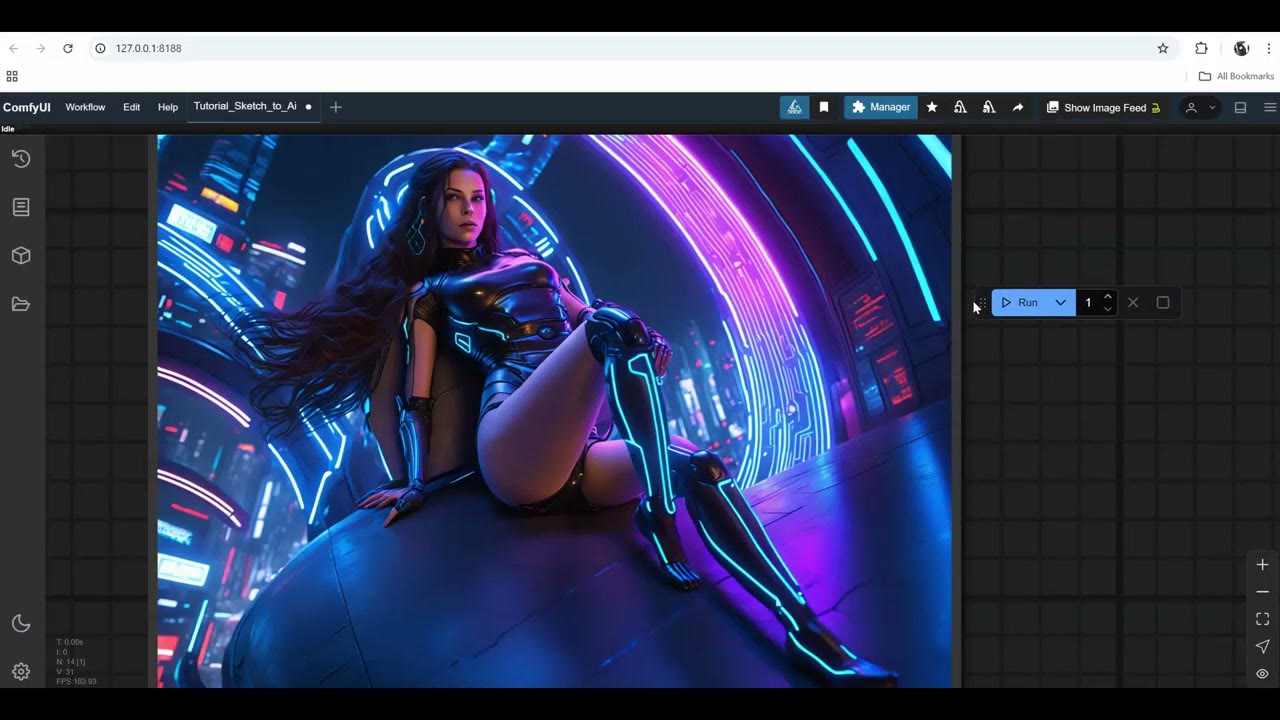 A cyberpunk woman reclining in a neon-lit tunnel, generated with SDXL from a simple pen sketch