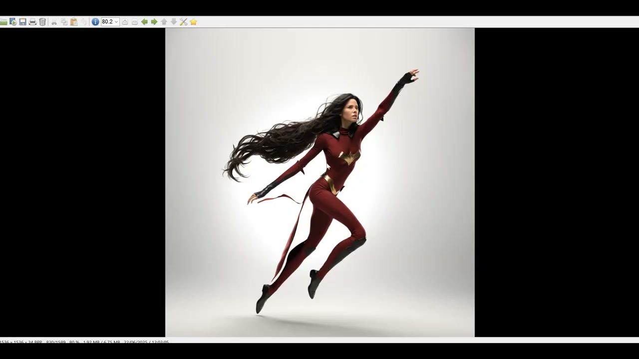 A leaping woman in a red suit generated at 1536 by 1536, with noticeably stretched limbs