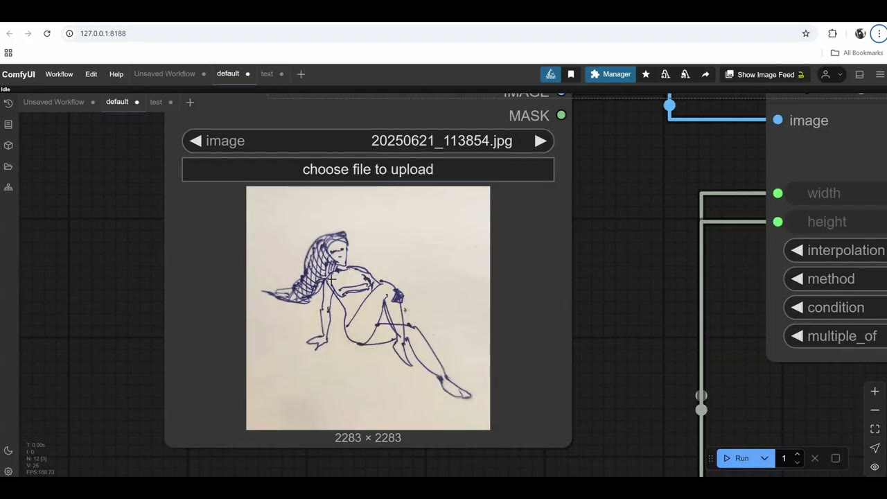 A simple pen sketch of a reclining woman loaded into ComfyUI