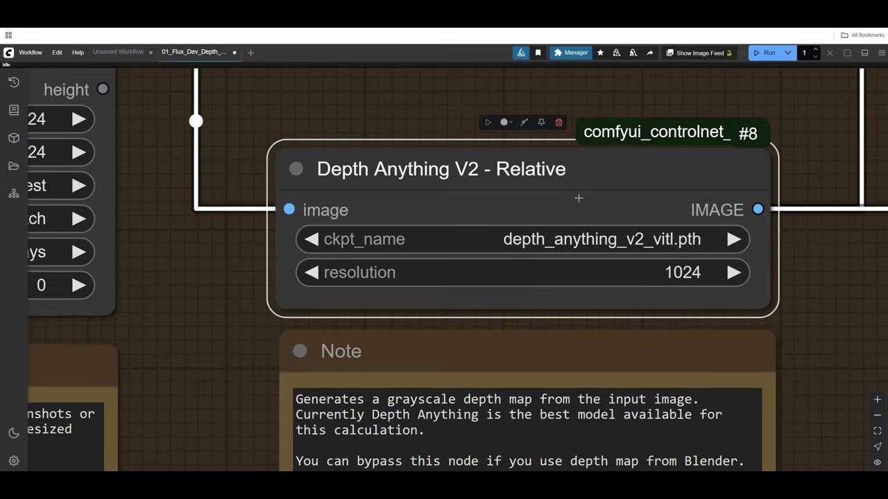 The Depth Anything V2 Relative node with the vitl model at resolution 1024