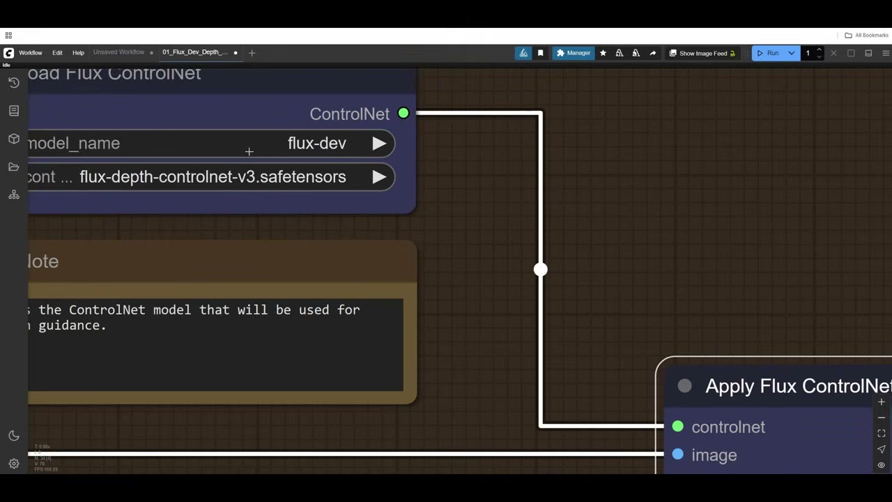 The Load Flux ControlNet node with the flux-depth-controlnet-v3 model, connected to Apply Flux ControlNet