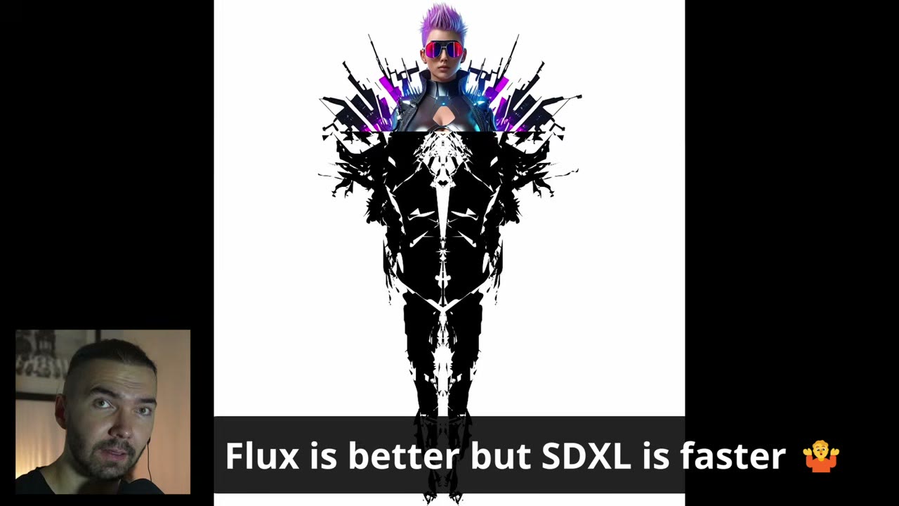 A stylized figure illustrating that Flux is better but SDXL is faster