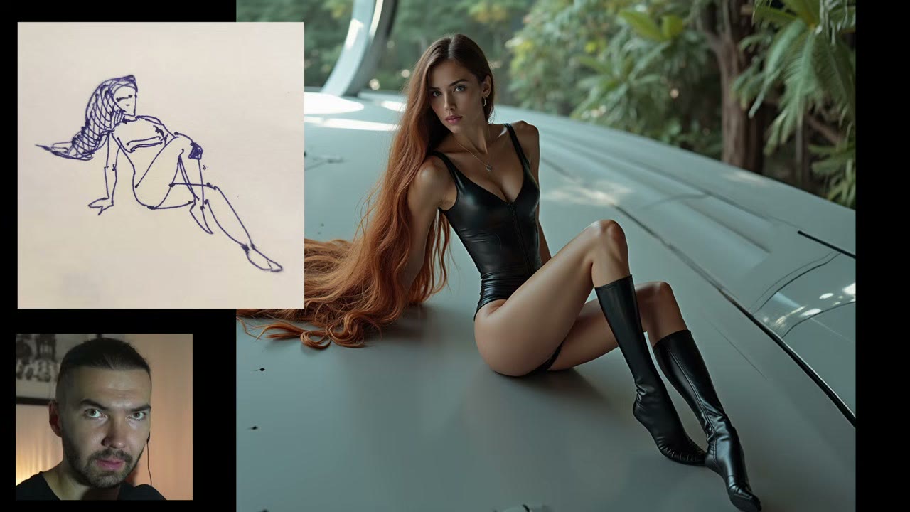 A quick pen sketch of a seated woman next to the photorealistic image Flux generated from it