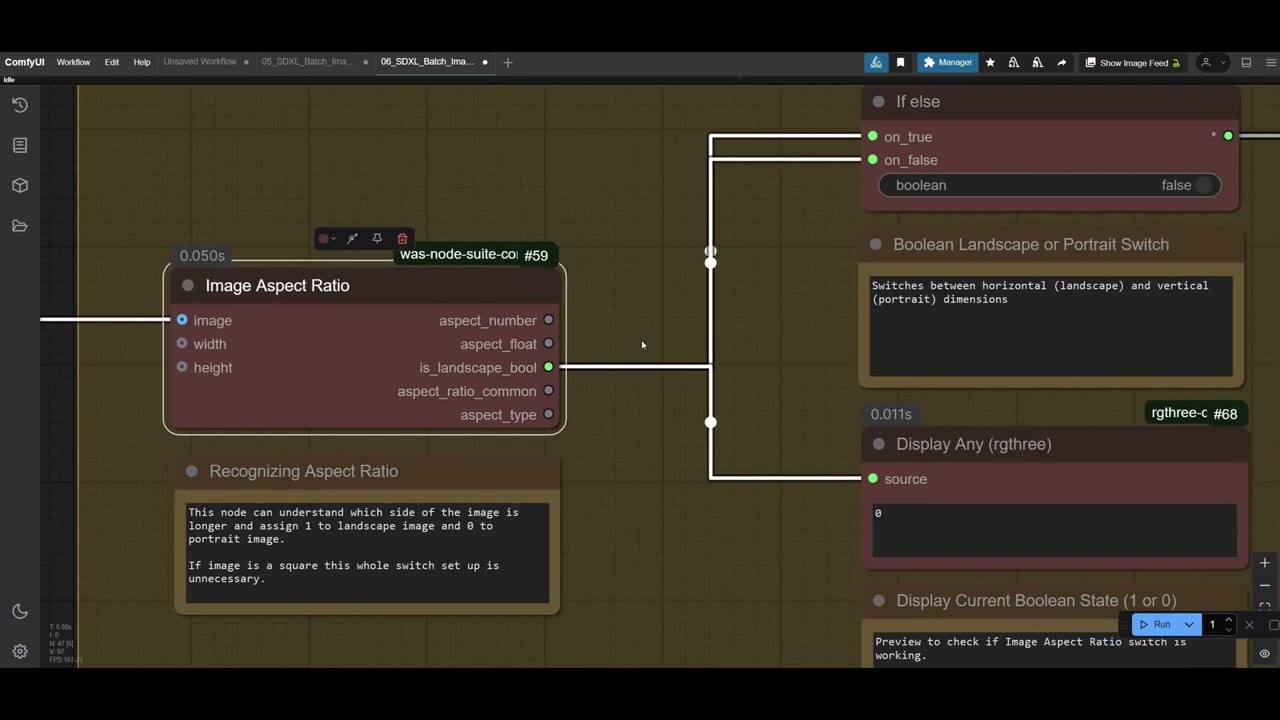 The Image Aspect Ratio node feeding an If else node and a display showing 0 for a portrait image
