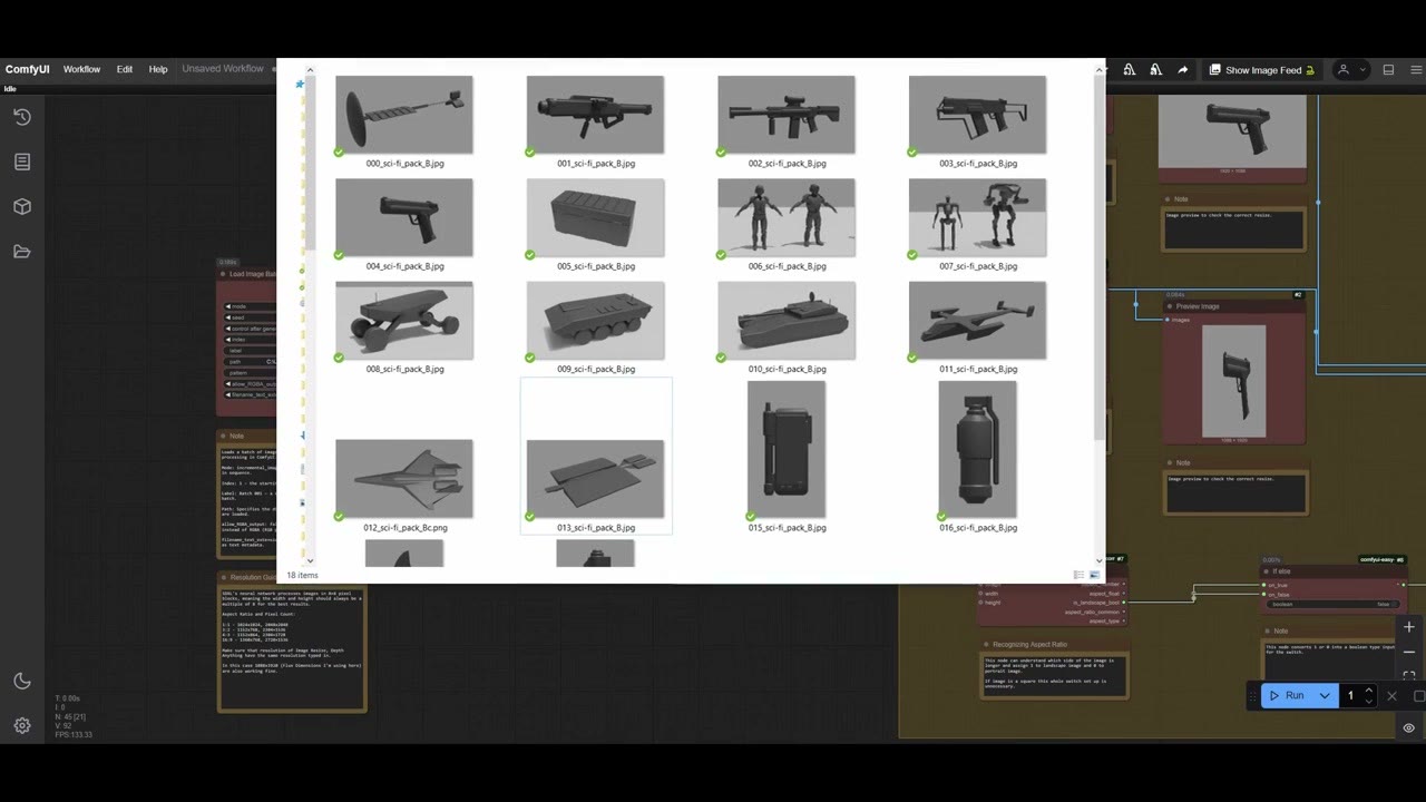 A grid of sci-fi prop screenshots, some wide and some tall, next to the sorting workflow