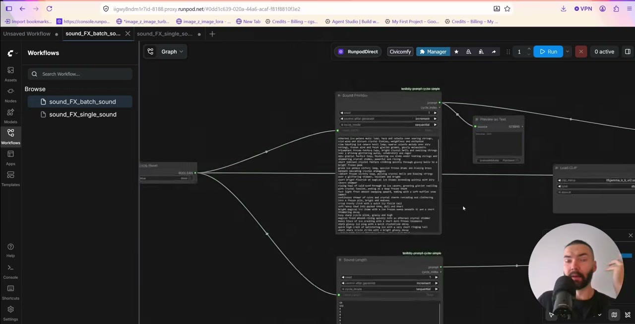 The batch sound effects workflow in ComfyUI, with a long list of prompts feeding the sampler