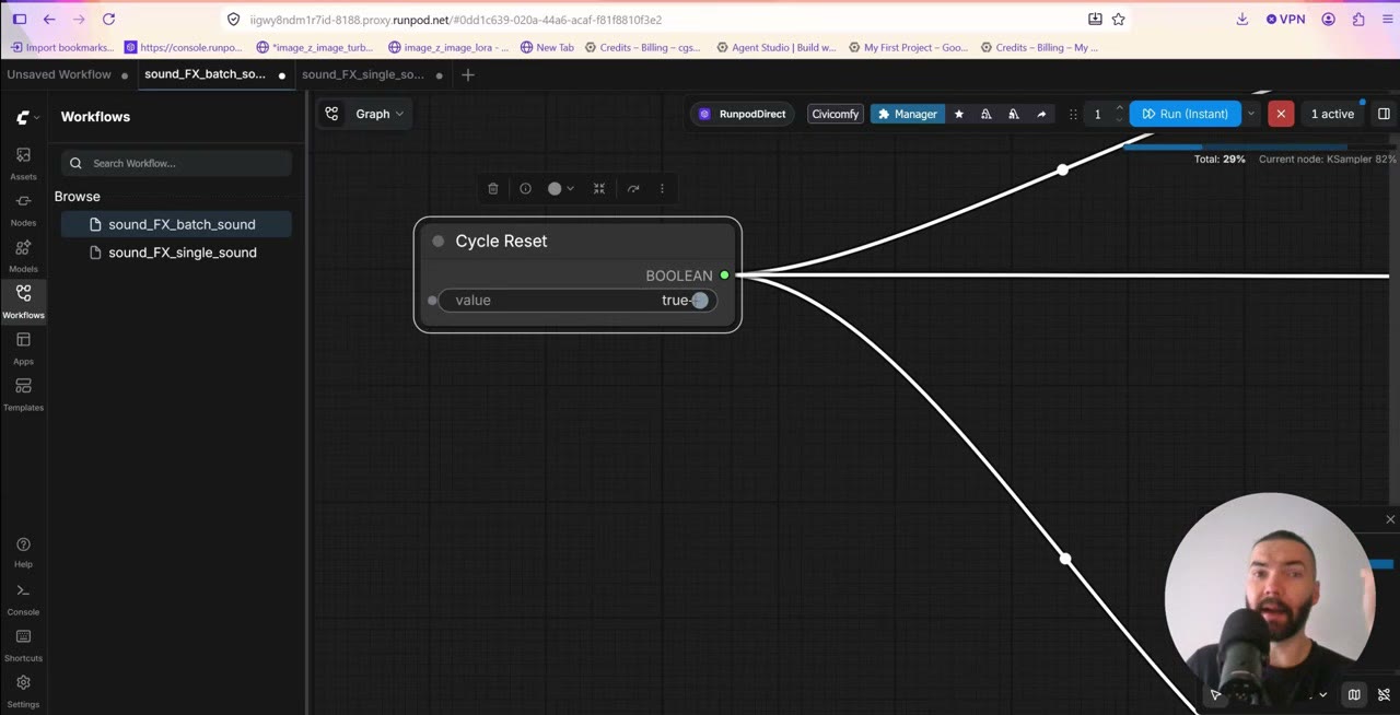 The Cycle Reset node with its value set to true, connected to all three lists