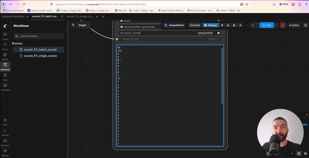 The Prompt Cycler node holding a list of sound lengths in seconds, one per line