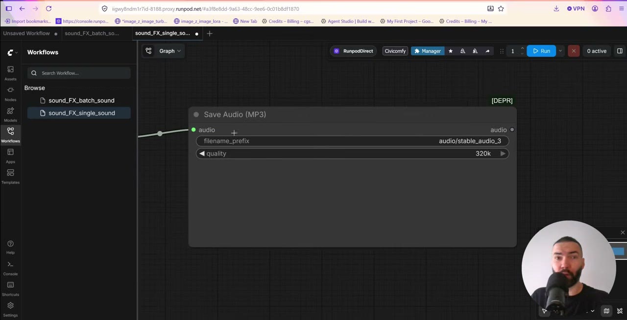 The Save Audio MP3 node with the filename prefix audio/stable_audio_3 and quality 320k