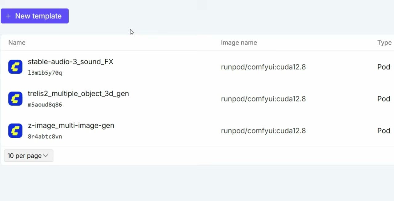 RunPod templates list showing stable-audio-3_sound_FX, trellis2_multiple_object_3d_gen and z-image_multi-image-gen