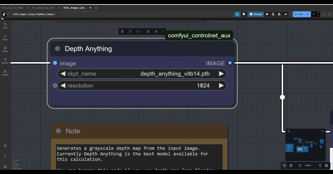 The Depth Anything node with the vitl model and the resolution setting