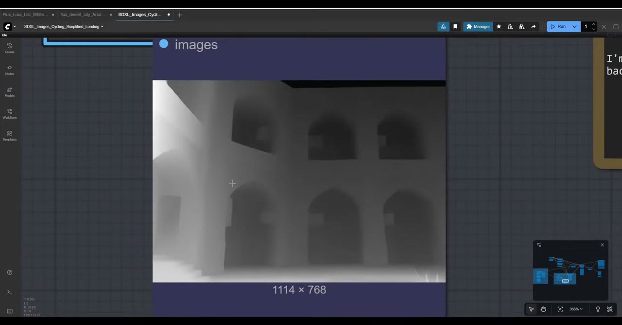 A greyscale depth map of an arched doorway, 1114 by 768 pixels