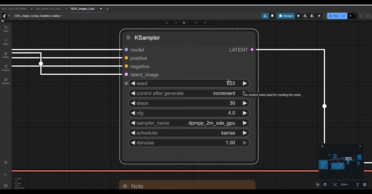 The KSampler node with seed on increment, 30 steps, CFG 4 and the recommended sampler