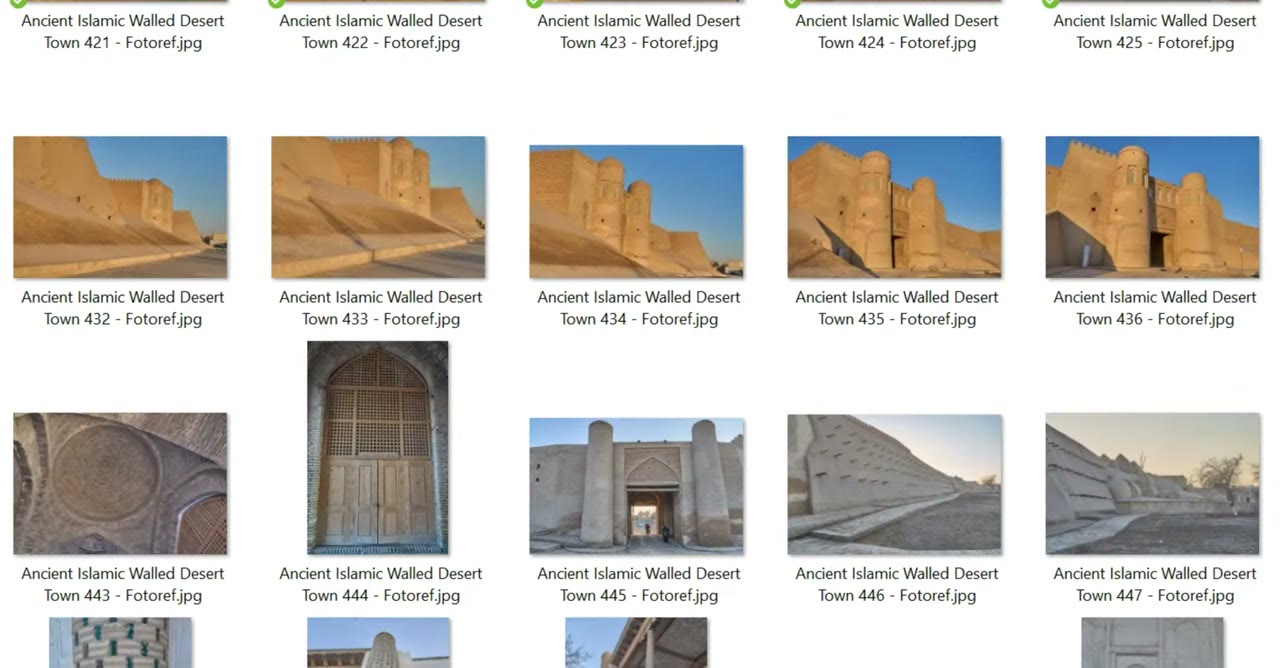 A grid of photos of an ancient walled desert town: walls, gates and arches
