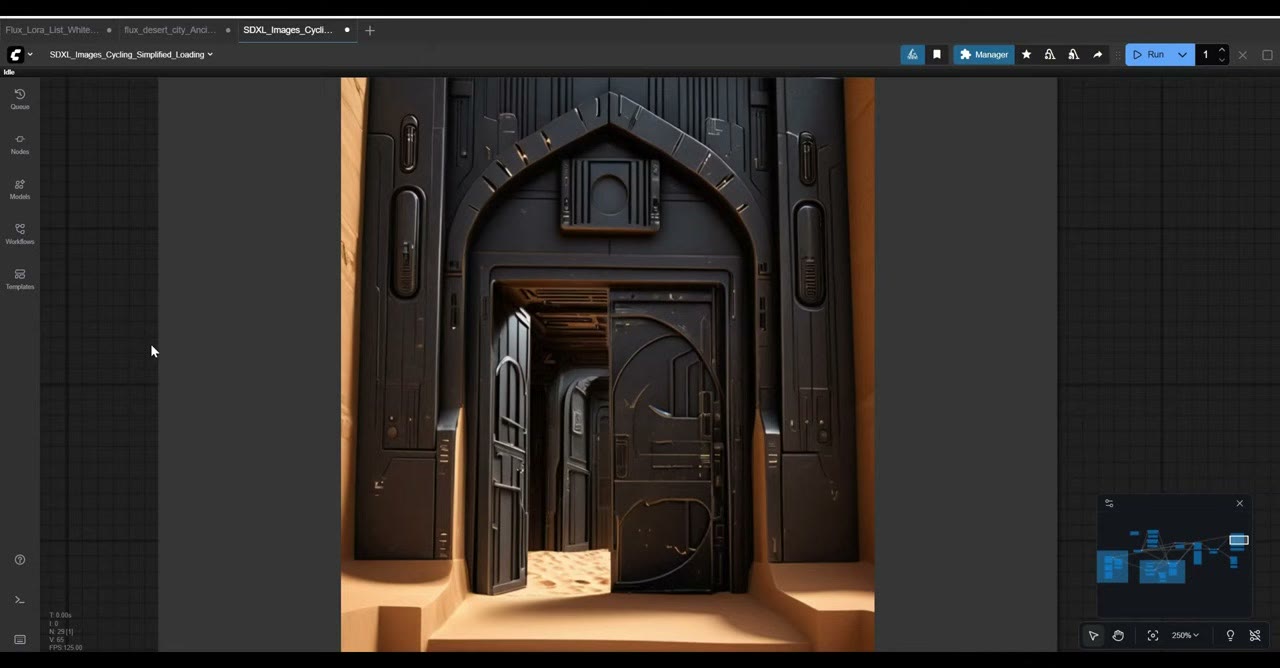 A cinematic dark metallic sci-fi doorway generated with SDXL from a photo of an ornate desert town gate