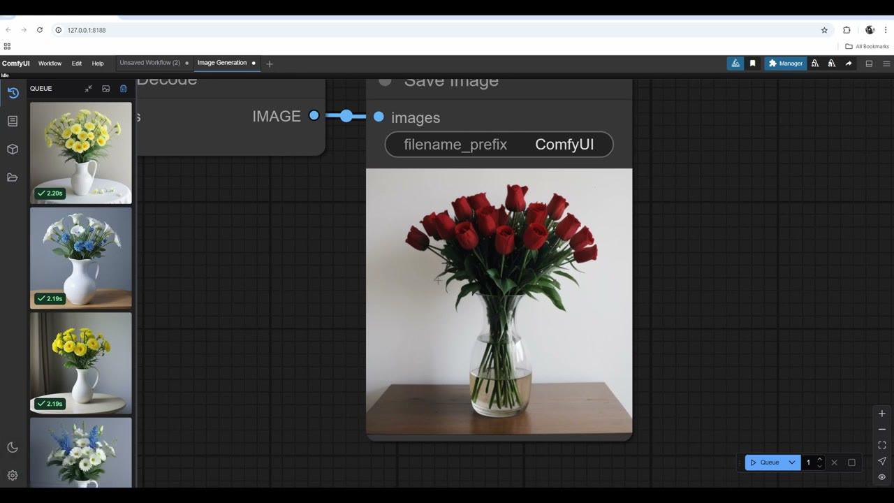 A clear glass vase with red tulips against a plain white wall, generated with concatenated prompts