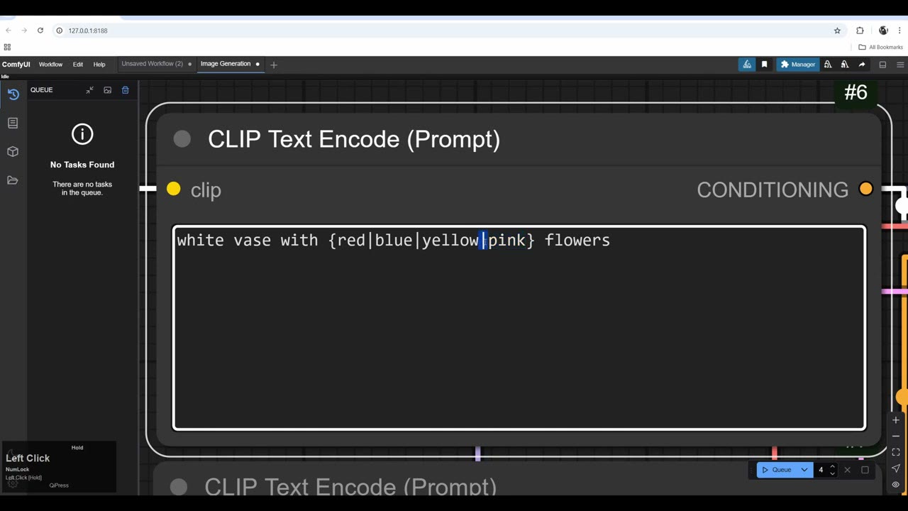 A CLIP Text Encode node with the prompt white vase with {red|blue|yellow|pink} flowers