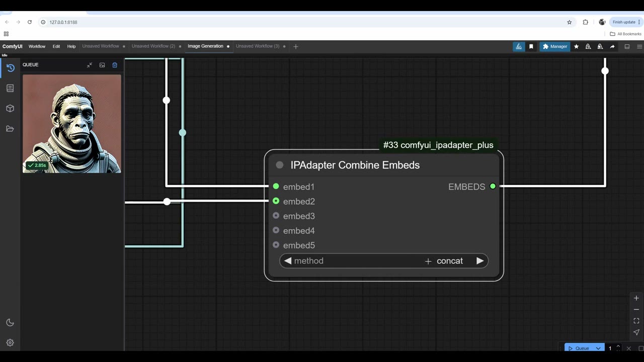 The IPAdapter Combine Embeds node with two embeds connected and the method set to concat