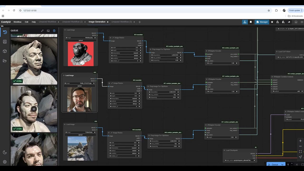 A ComfyUI workflow with three reference images (a monkey sculpt, a selfie and a rocky beach) feeding IPAdapter encoders, with blended portraits in the queue