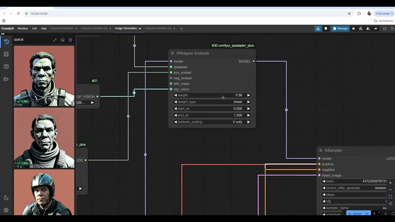 The IPAdapter Embeds node at weight 0.56 with blended portraits that mix a man's face with a sculpted monkey style