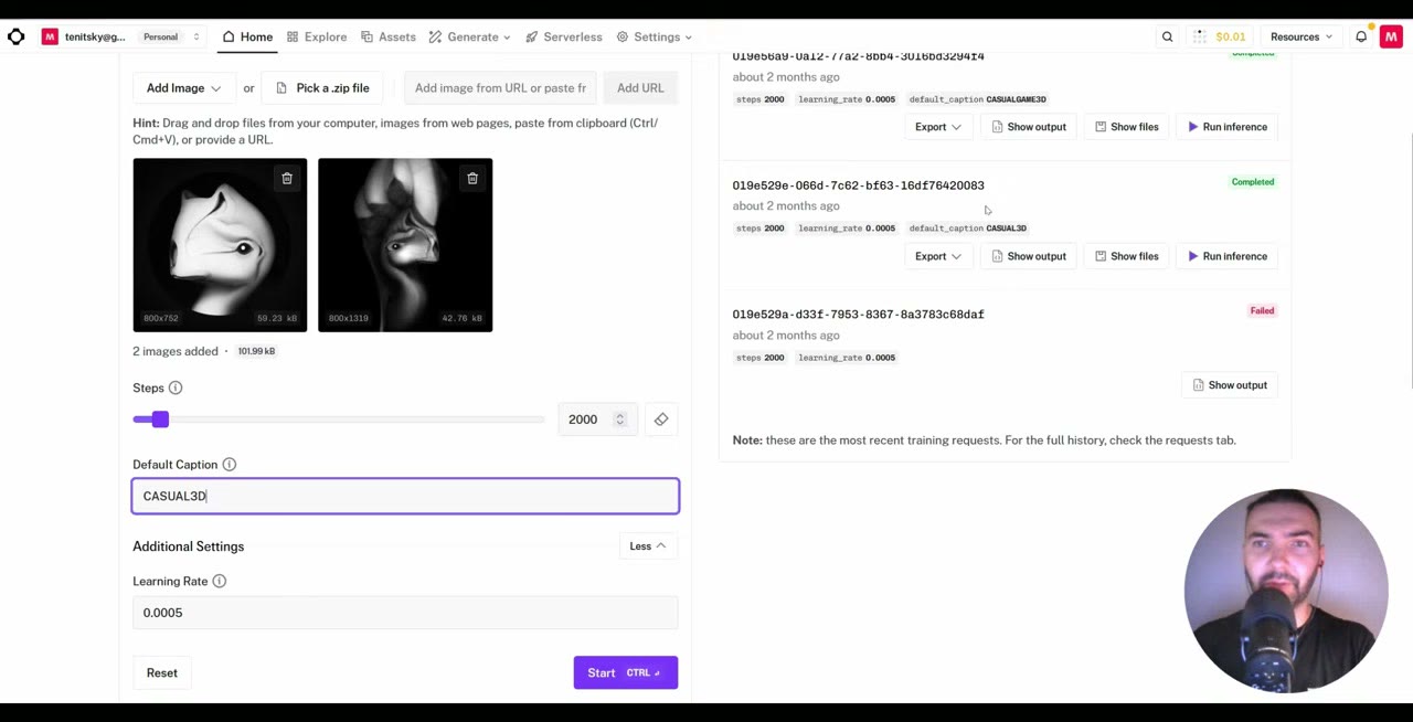 fal's Z-Image Turbo trainer with two black-and-white creature images added, steps set to 2000 and a default caption field