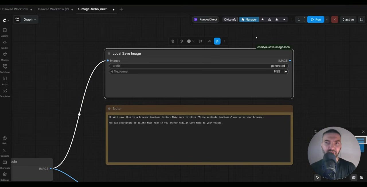 The Local Save Image node in ComfyUI with a note about allowing multiple downloads in the browser