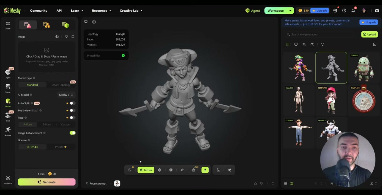 Meshy's workspace showing an untextured grey 3D model of a pirate character