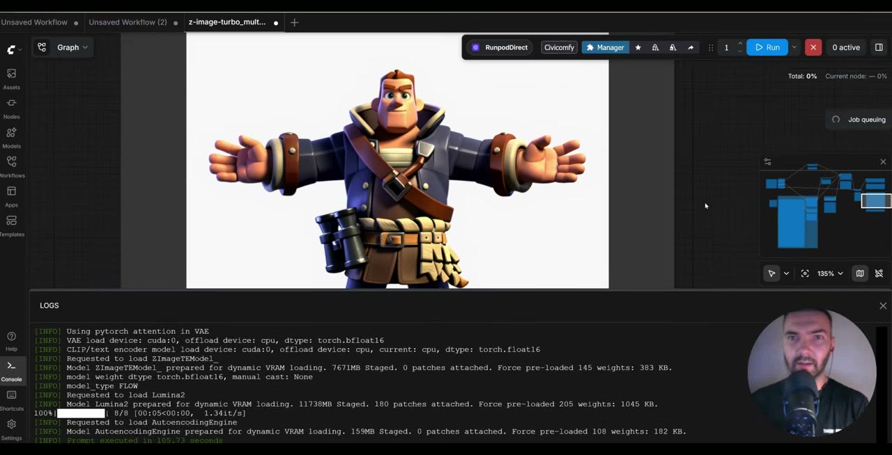 A generated pirate character in a T-pose in the stylized LoRA style, shown in ComfyUI