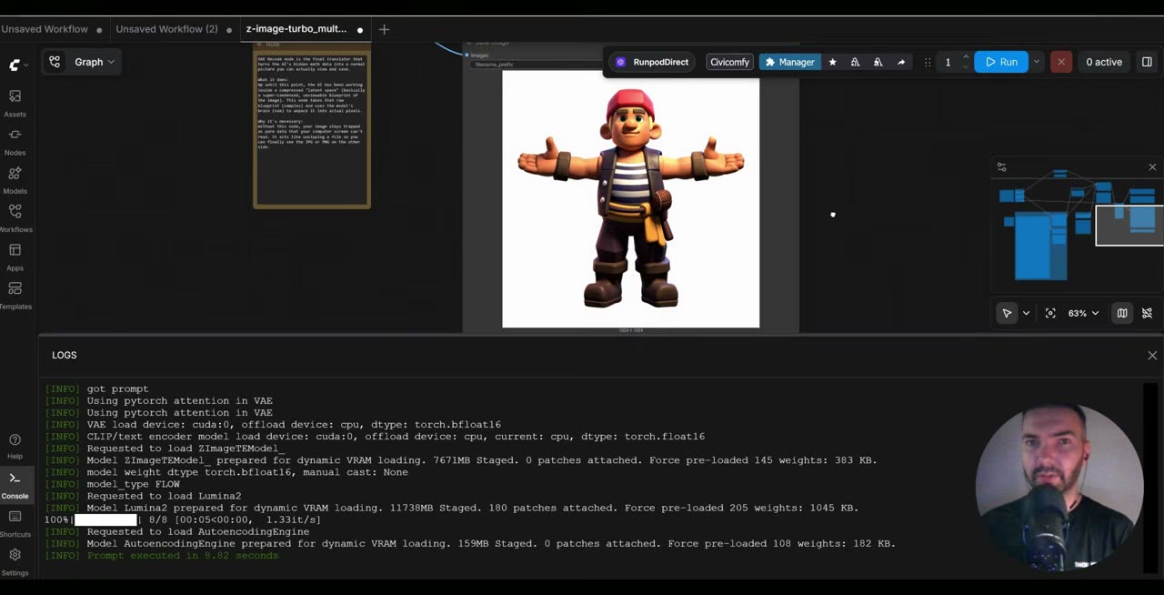 A second generated pirate character in a T-pose with a striped shirt and red bandana