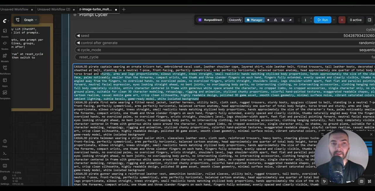 The Prompt Cycler node filled with long character descriptions, each starting with the trigger word CASUAL3D