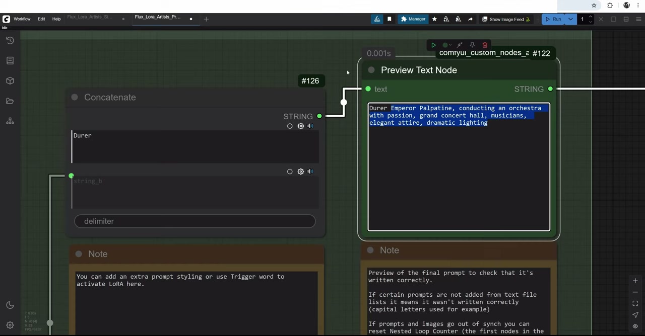 ComfyUI Concatenate node adding the word Durer before a prompt, with a Preview Text node showing the combined prompt