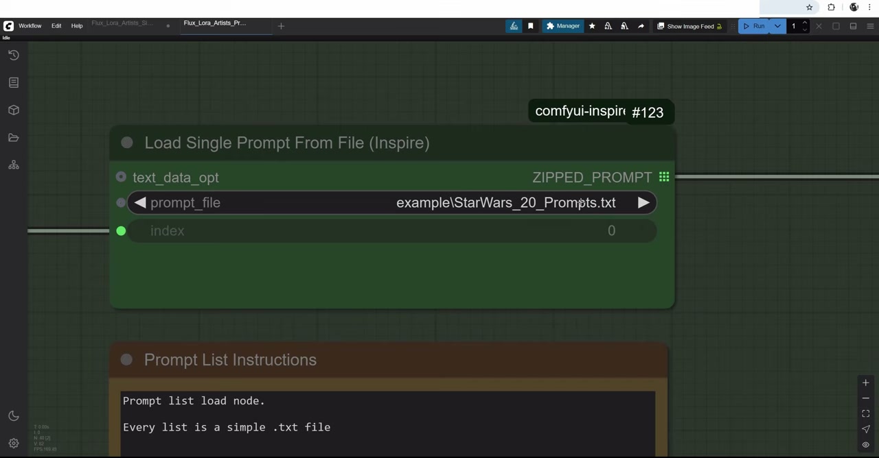 The Load Single Prompt From File node from the Inspire Pack, pointing at StarWars_20_Prompts.txt