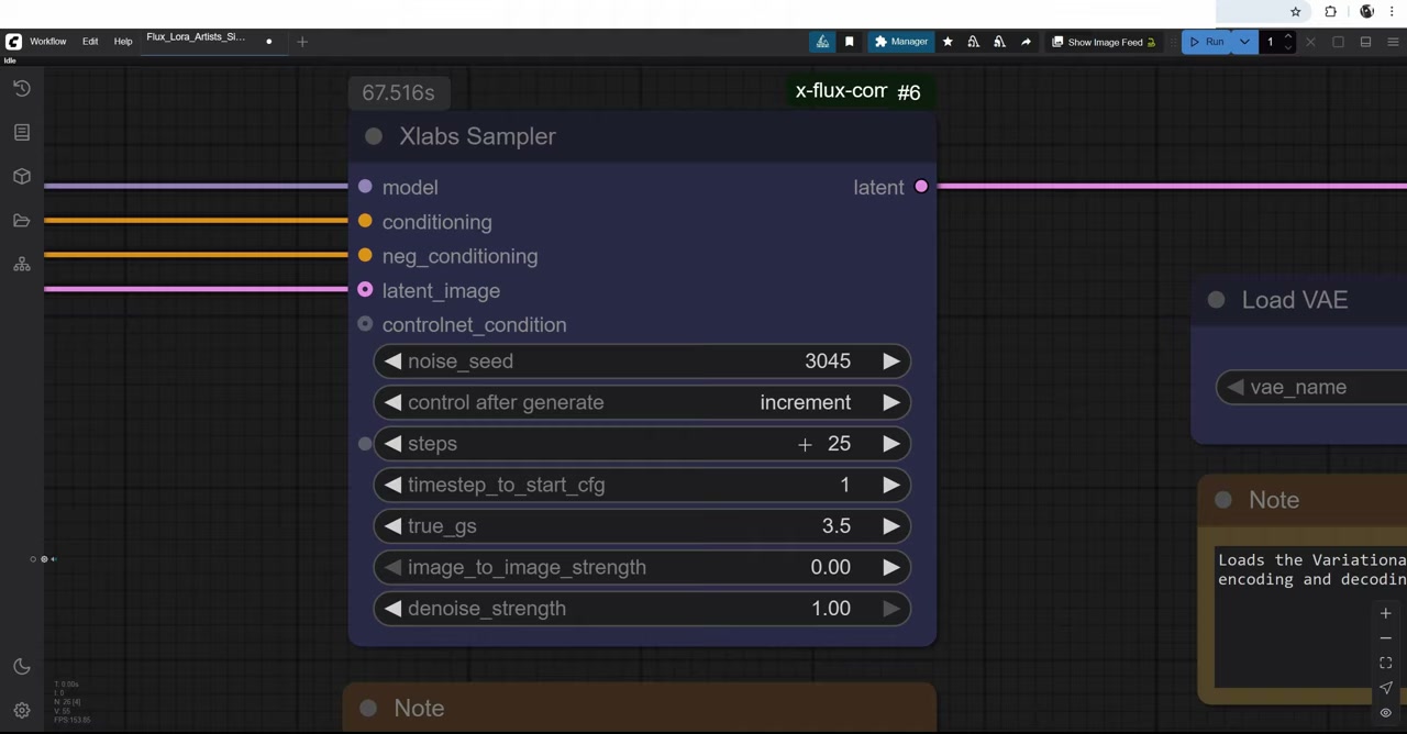 The XLabs Sampler node in ComfyUI with 25 steps and the seed set to increment