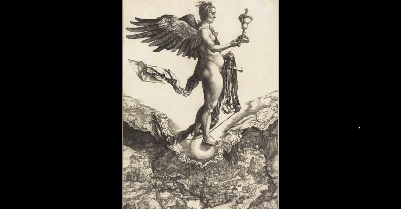 Albrecht Dürer's engraving Nemesis, a winged figure standing on a sphere above a landscape