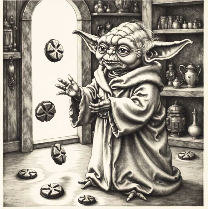 Yoda in a kitchen, Dürer engraving style