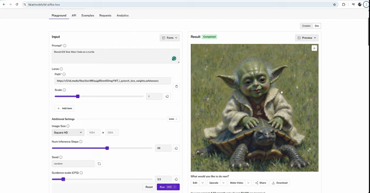 fal inference page showing a Renoir-style image of Yoda sitting on a turtle