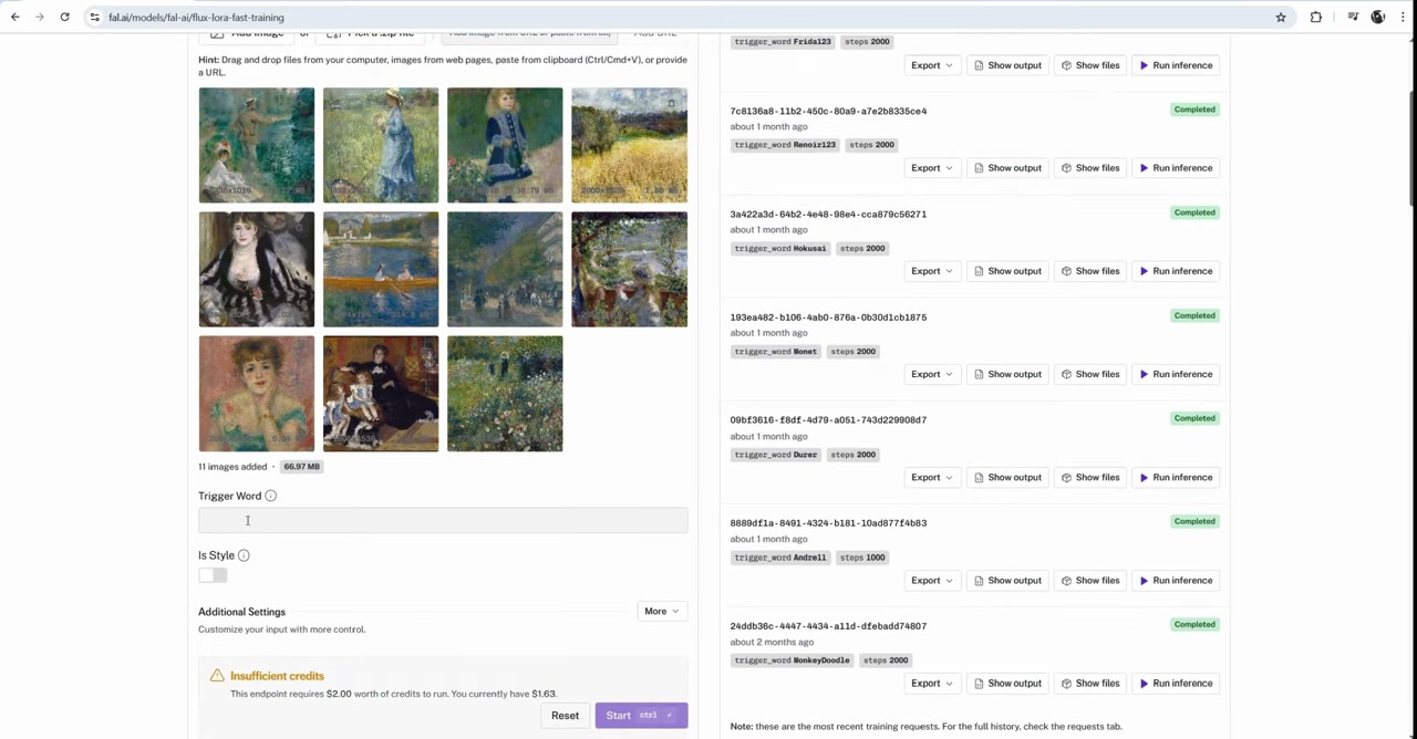fal's Flux LoRA training page with eleven Renoir paintings uploaded and a list of earlier training runs