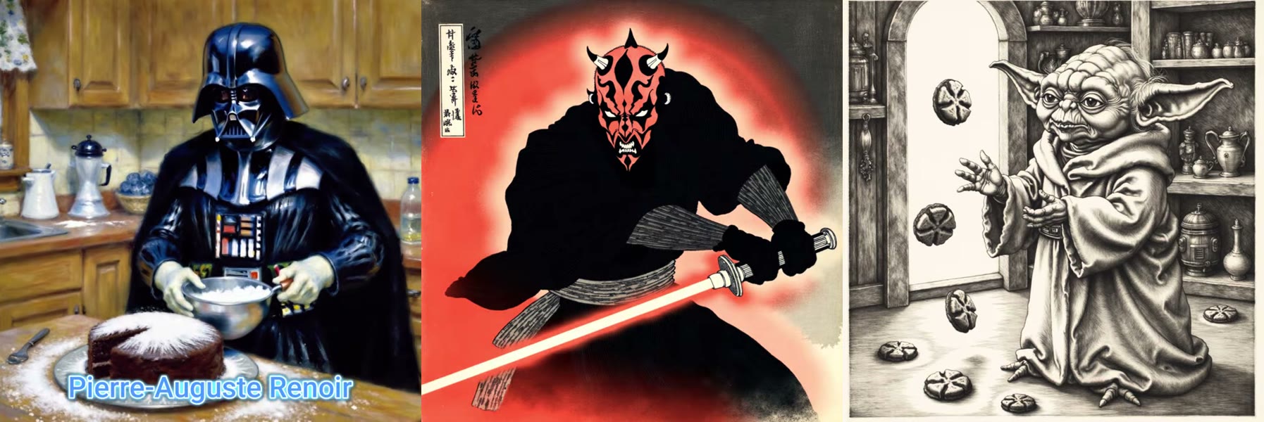 Three images made with trained LoRAs: Darth Vader baking in Renoir’s style, Darth Maul as a Hokusai woodblock print, and Yoda as a Dürer engraving