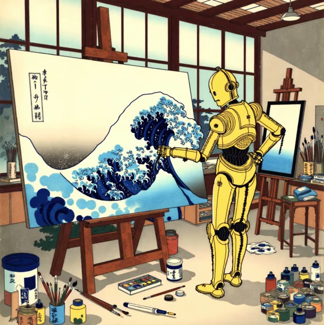 C-3PO painting The Great Wave in an artist's studio, Hokusai style
