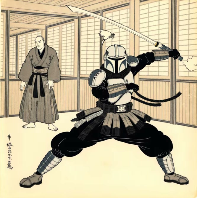 The Mandalorian sparring in an Edo-period dojo, Hokusai style