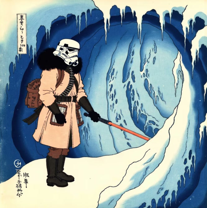 A stormtrooper in an ice cave, Hokusai style