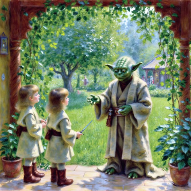 Yoda with two young Jedi in a garden, Renoir style