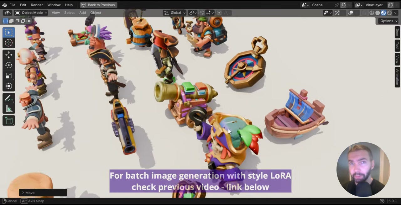 A batch of generated 3D game assets, characters, props and a ship, imported into Blender