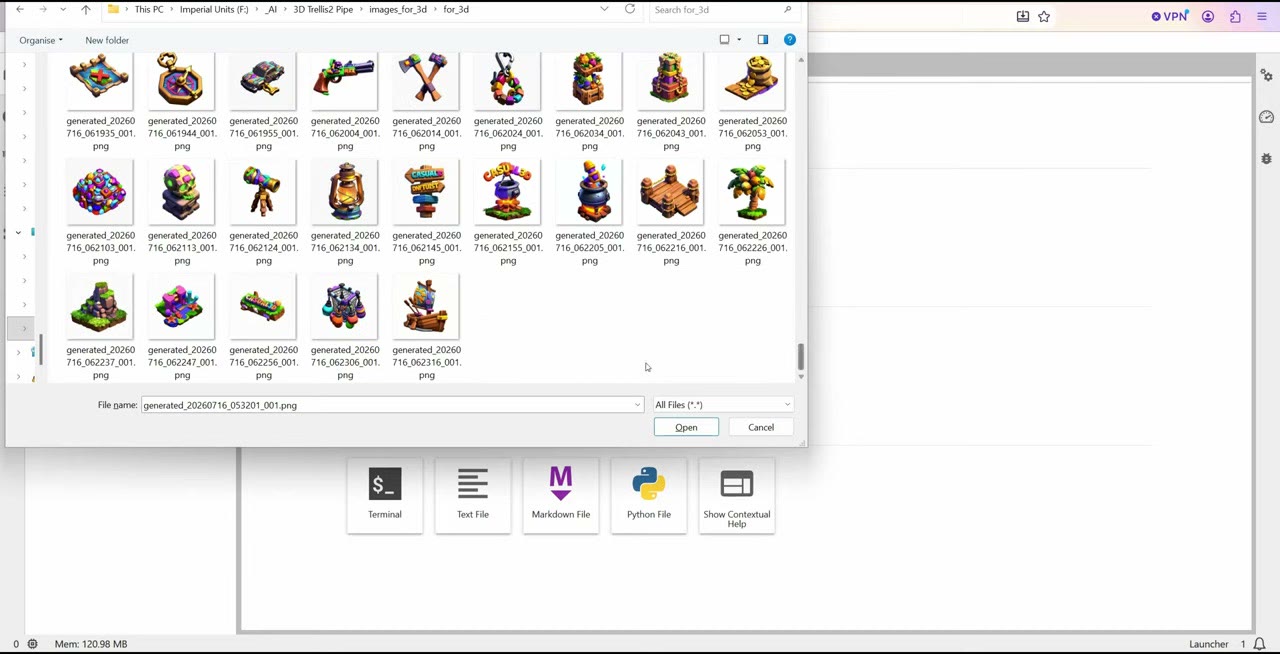 A file picker showing a folder of generated game asset images ready to upload