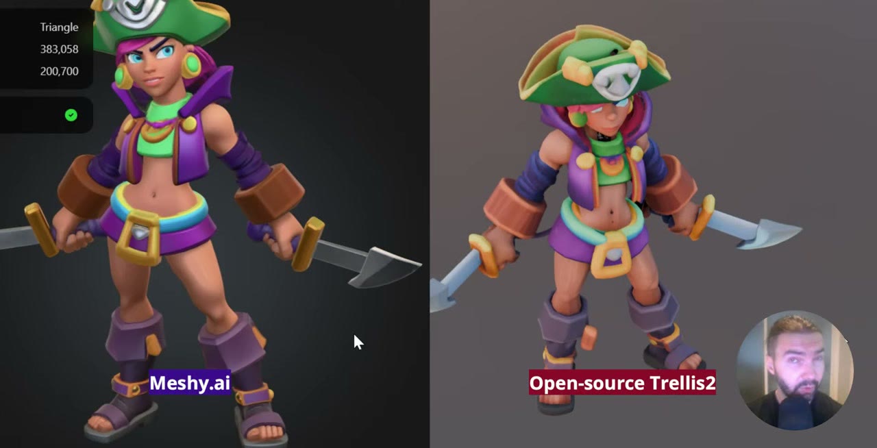 The same pirate character as a 3D model from Meshy on the left and from open-source TRELLIS 2 on the right
