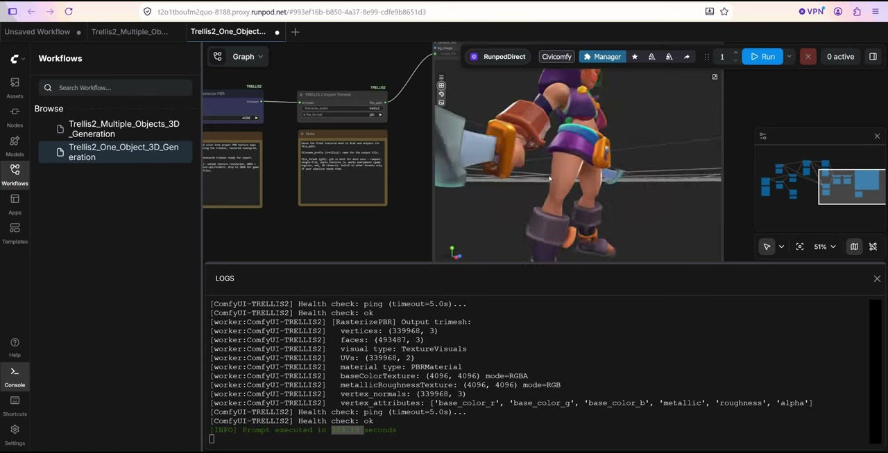 ComfyUI's 3D preview showing the textured pirate character model, with the console log below