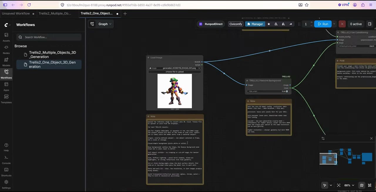 The TRELLIS 2 single-object workflow in ComfyUI with a pirate character image loaded and explanatory notes