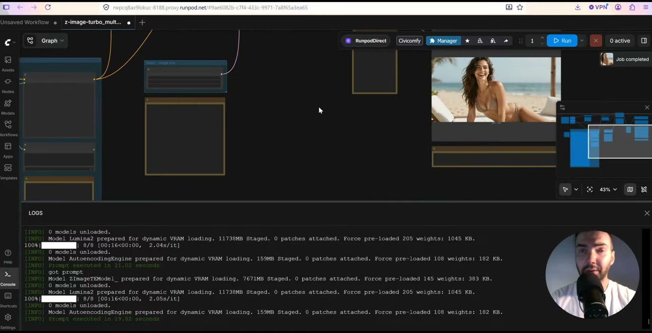 ComfyUI generating images in a batch, with the console log showing each prompt being processed