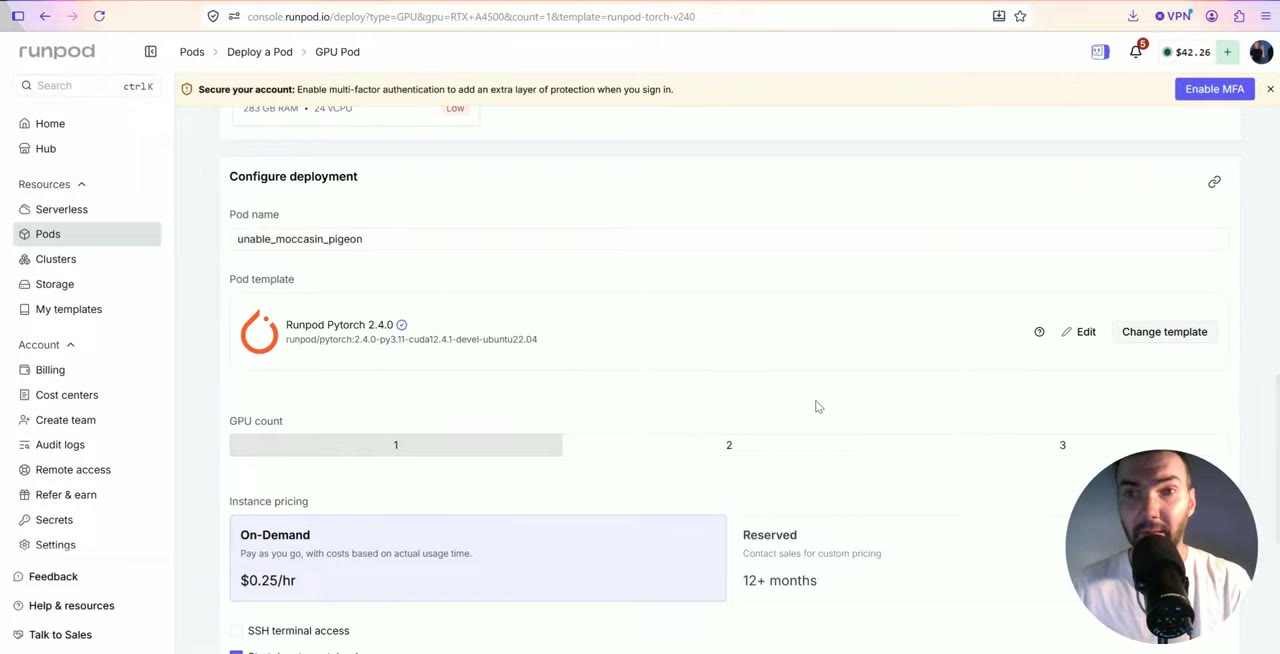 RunPod's Configure deployment screen with the pod template and on-demand price of $0.25 an hour
