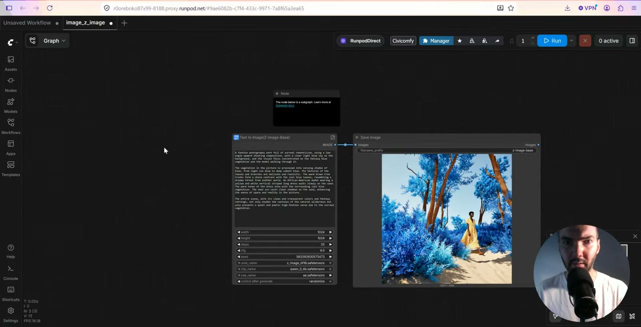 An image of a woman walking through a forest of blue trees, generated with Z-Image Turbo, next to the prompt in ComfyUI